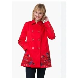 DESIGUAL Norma Embroidered Coat Jacket Trench Size 42 Tomato Red Cotton Blend